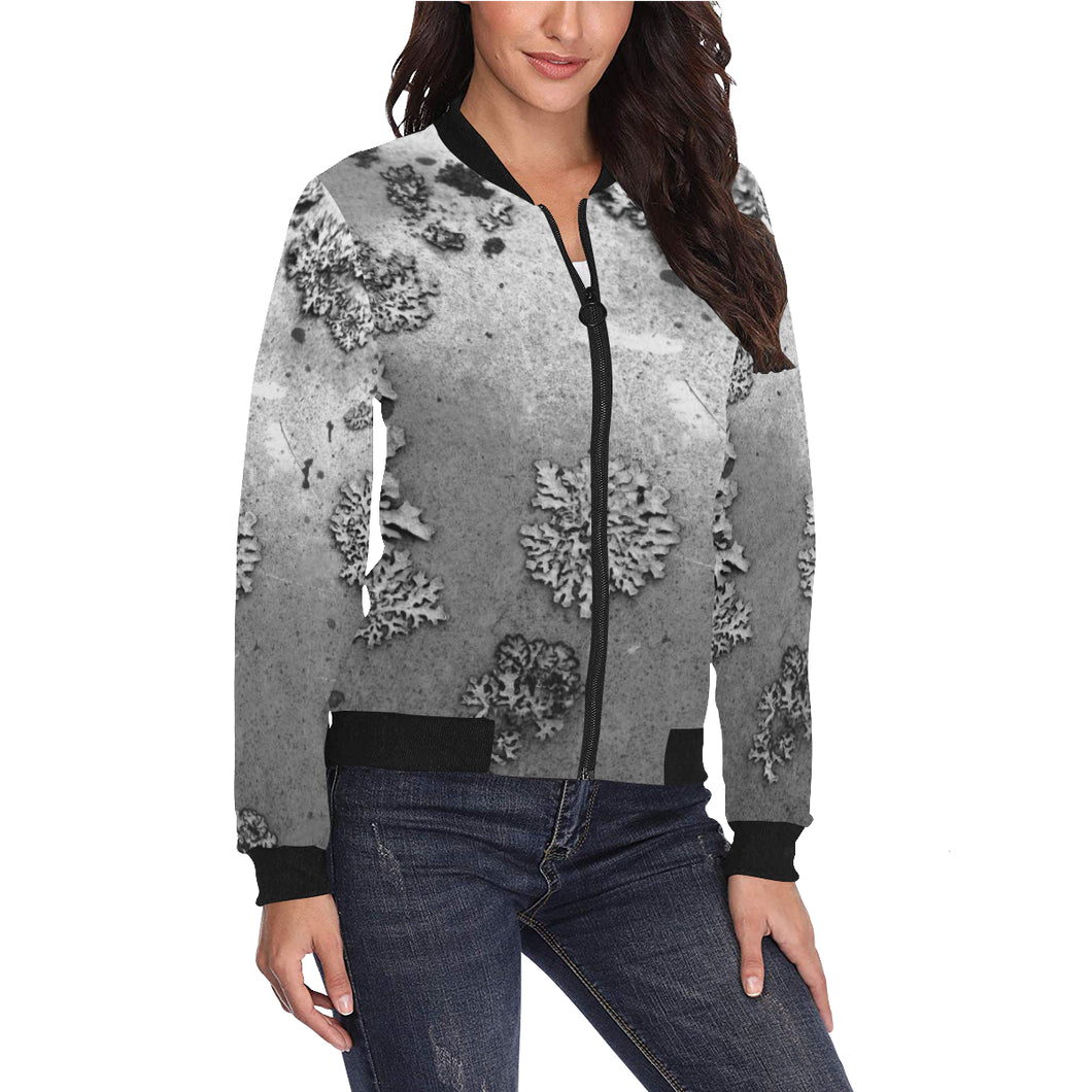 Patches of Moss Black and White All Over Print Bomber Jacket for Women (Model H36)