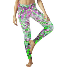 Load image into Gallery viewer, Marbled Abstract Green and Purple Mosaic Low Rise Leggings (Invisible Stitch) (Model L05)