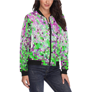 Marbled Abstract Green and Purple Mosaic All Over Print Bomber Jacket for Women (Model H36)