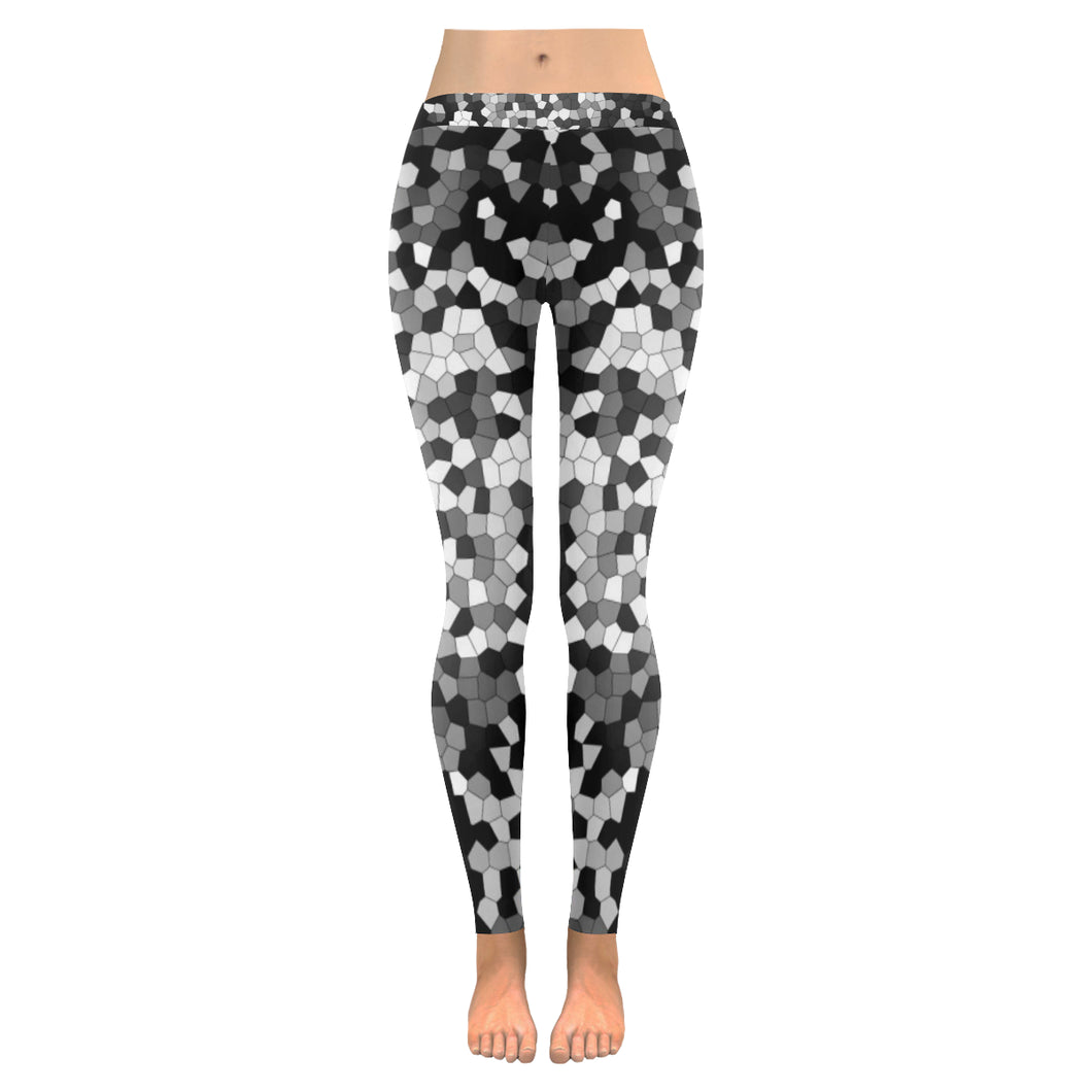 Holiday Paisley Black and White Mosaic Low Rise Leggings (Invisible Stitch) (Model L05)