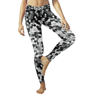 Holiday Paisley Black and White Mosaic Low Rise Leggings (Invisible Stitch) (Model L05)