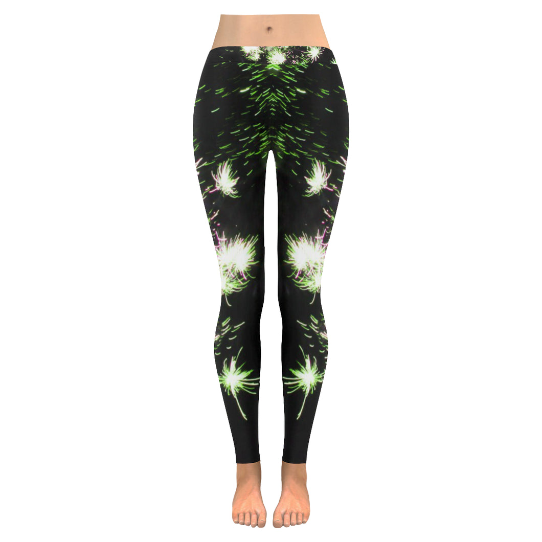 Fireworks Flowers Green Low Rise Leggings (Invisible Stitch) (Model L05)