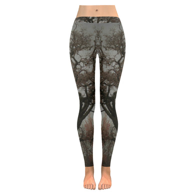 Spooky Tree Black and White Low Rise Leggings (Invisible Stitch) (Model L05)