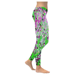 Marbled Abstract Green and Purple Mosaic Low Rise Leggings (Invisible Stitch) (Model L05)