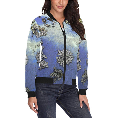 Patches of Moss Blue All Over Print Bomber Jacket for Women (Model H36)