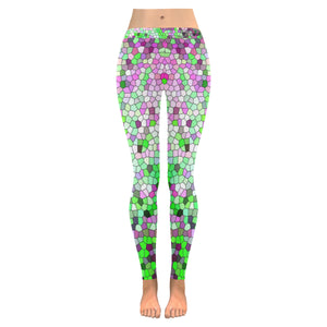 Marbled Abstract Green and Purple Mosaic Low Rise Leggings (Invisible Stitch) (Model L05)