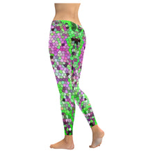 Load image into Gallery viewer, Marbled Abstract Green and Purple Mosaic Low Rise Leggings (Invisible Stitch) (Model L05)