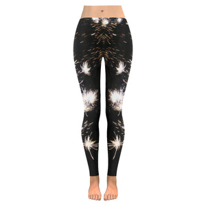 Fireworks Flowers White Low Rise Leggings (Invisible Stitch) (Model L05)