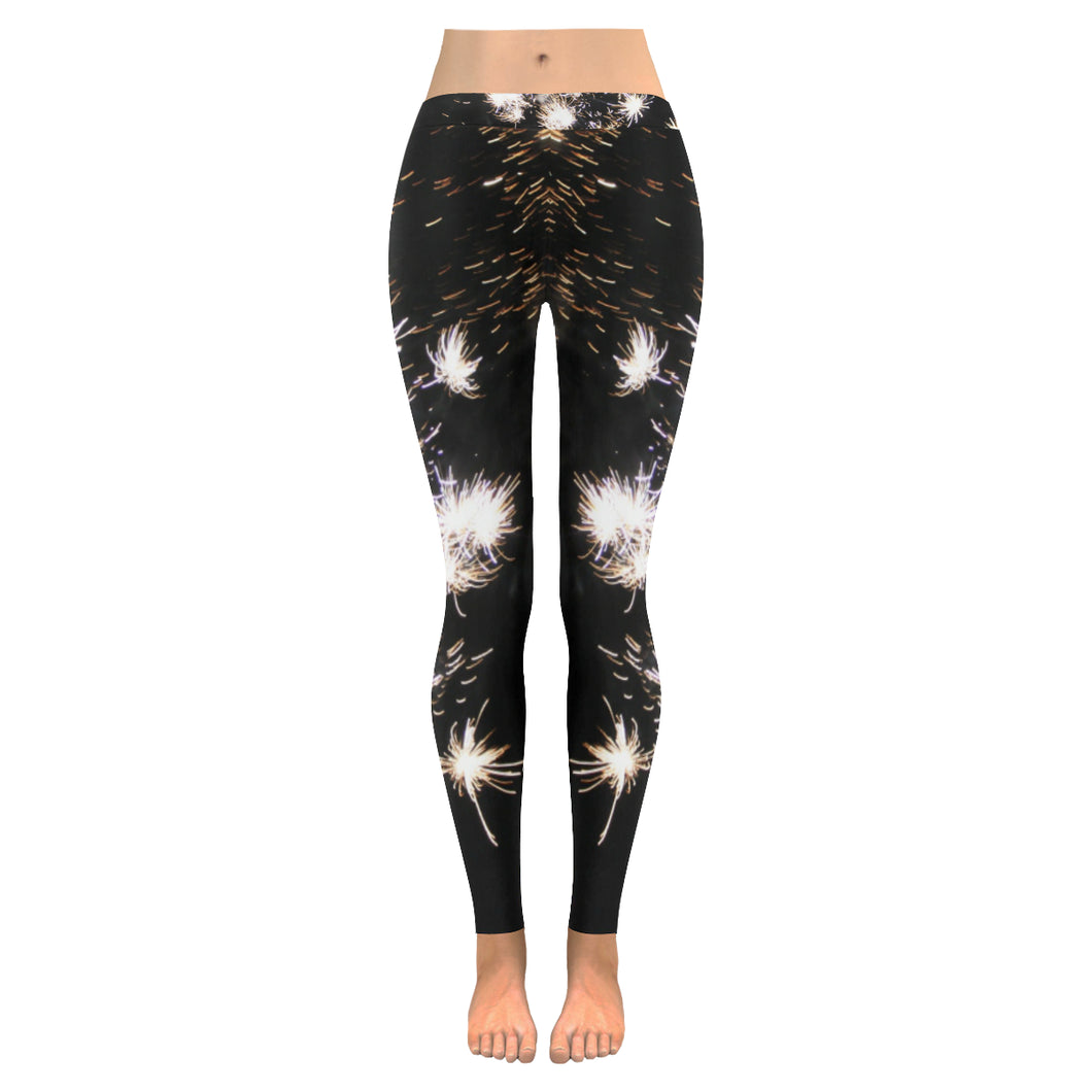 Fireworks Flowers White Low Rise Leggings (Invisible Stitch) (Model L05)