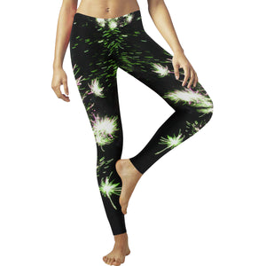 Fireworks Flowers Green Low Rise Leggings (Invisible Stitch) (Model L05)