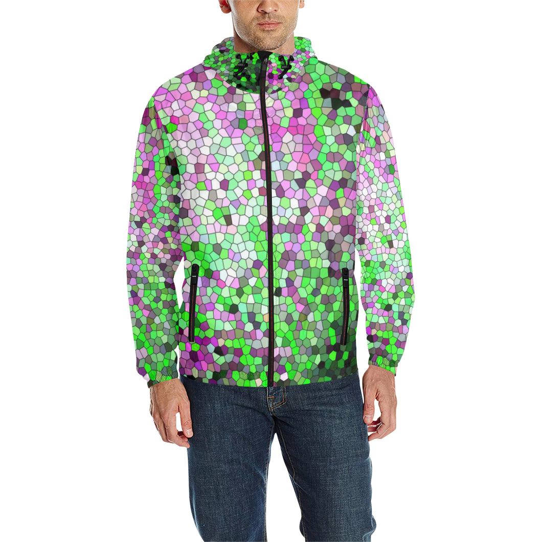 Marbled Abstract Green and Purple Mosaic All Over Print Quilted Windbreaker for Men (Model H35)