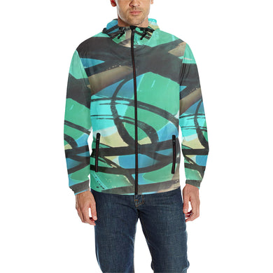 Abstract Circles Black and Teal All Over Print Quilted Windbreaker for Men (Model H35)