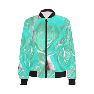 Rose Bouquet Flower Aqua All Over Print Bomber Jacket for Women (Model H36)