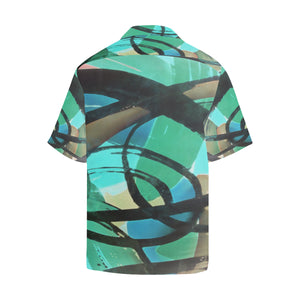 Abstract Circles Black and Teal Hawaiian Shirt (Model T58)